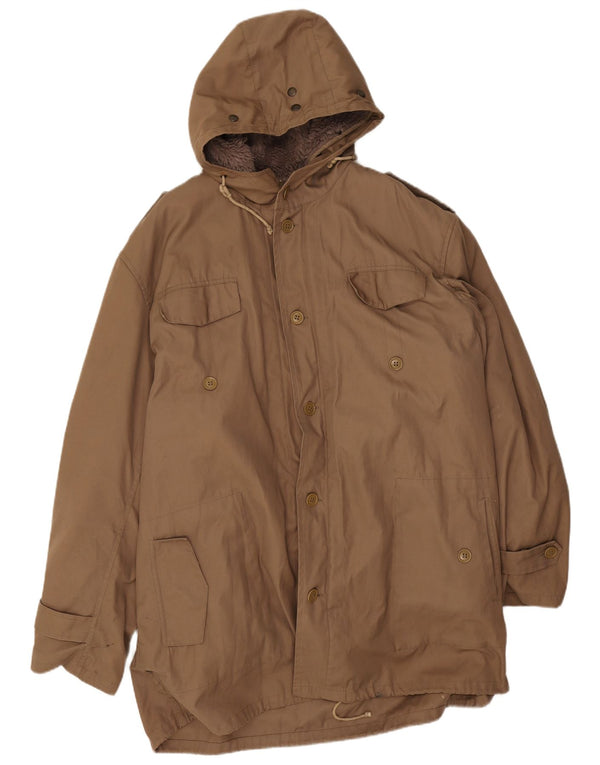 Giacca parka militare vintage da uomo con cappuccio UK 44 2XL Marrone