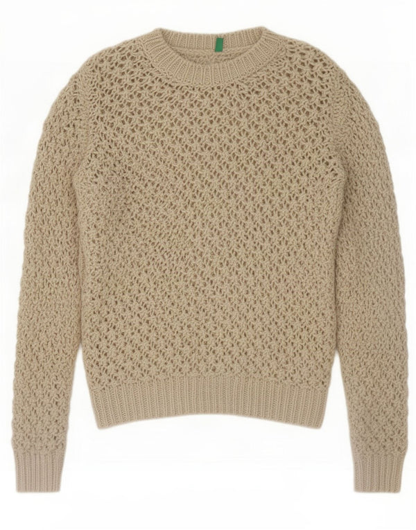 Maglione maglione girocollo da donna Benetton trasparente UK 16 grande beige