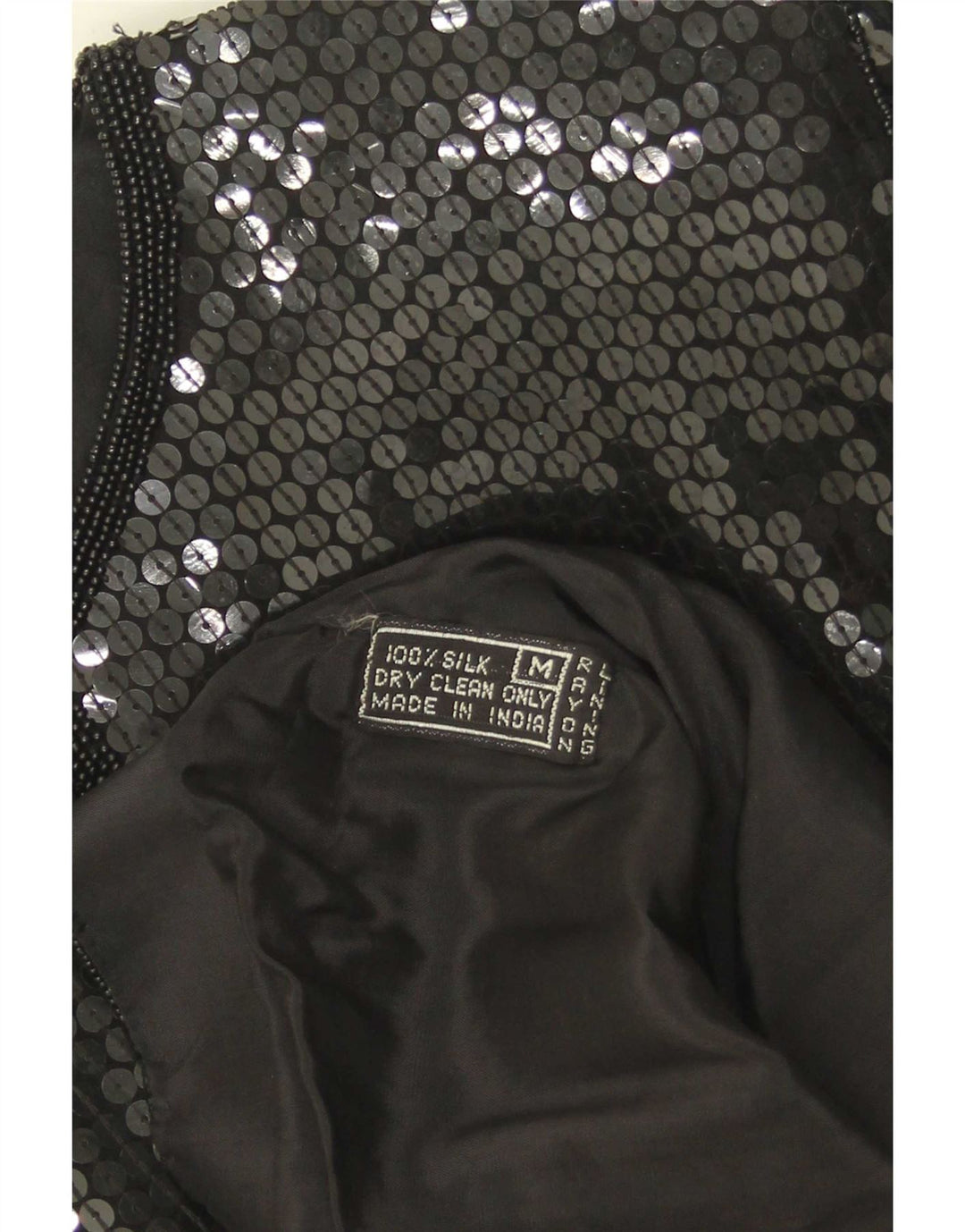 Camicetta camicia vintage con paillettes da donna UK 14 seta nera media