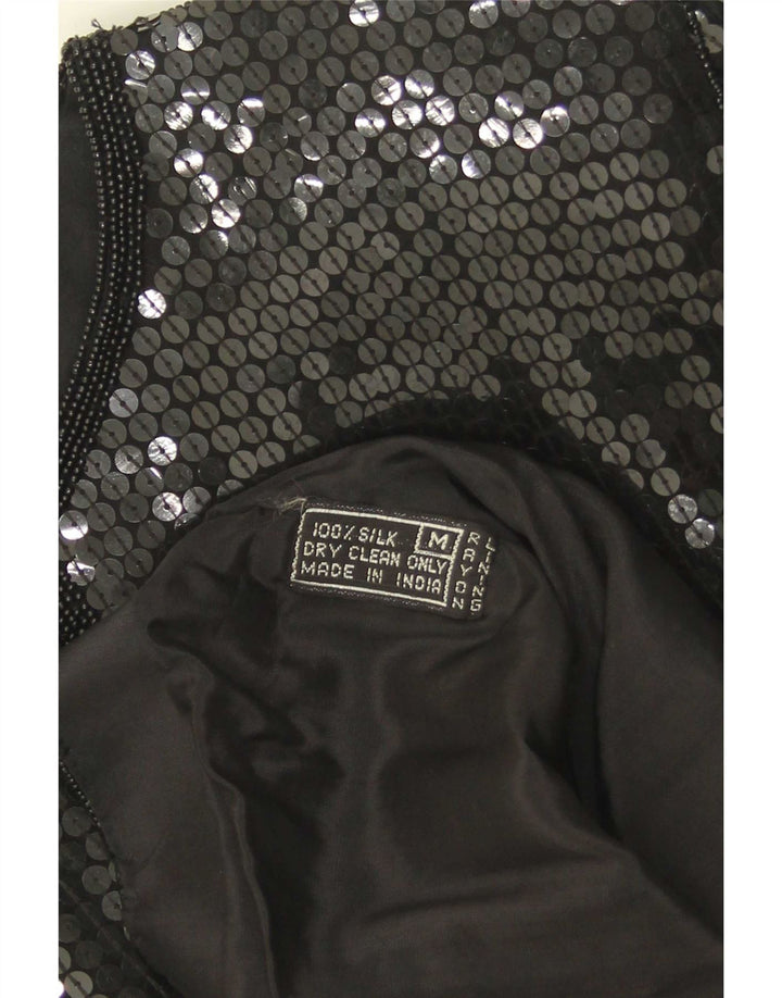 Camicetta camicia vintage con paillettes da donna UK 14 seta nera media