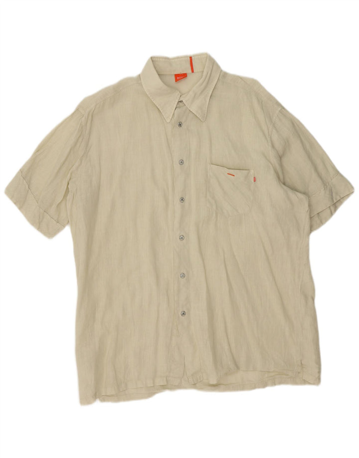 HUGO BOSS Mens Short Sleeve Shirt Large Green Linen