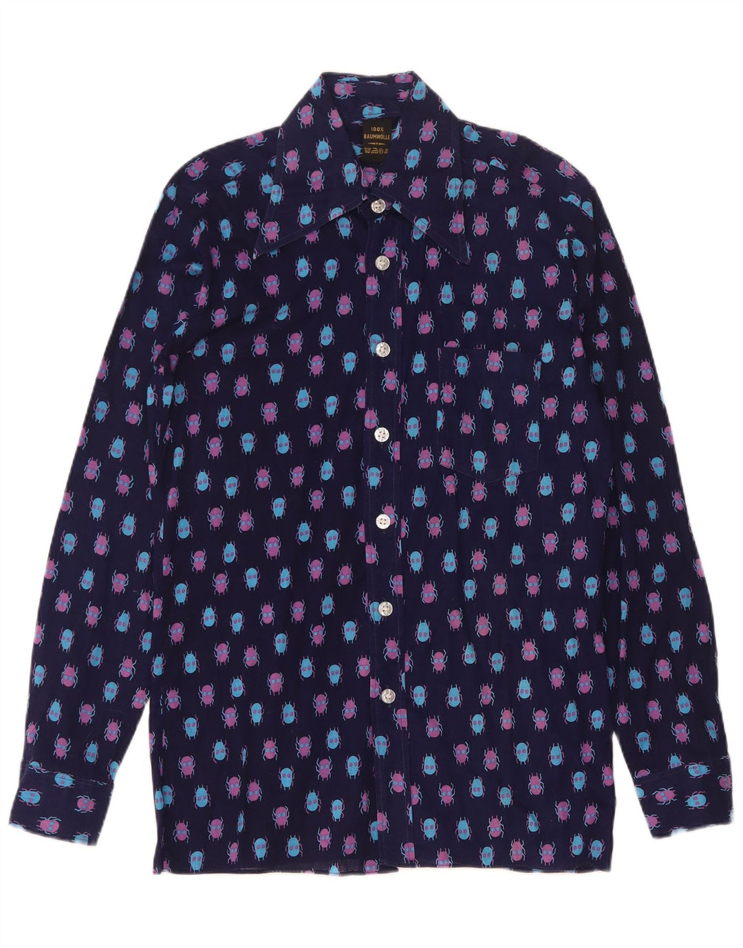 Camicia vintage da uomo con motivo astratto taglia 37 piccola in cotone blu navy