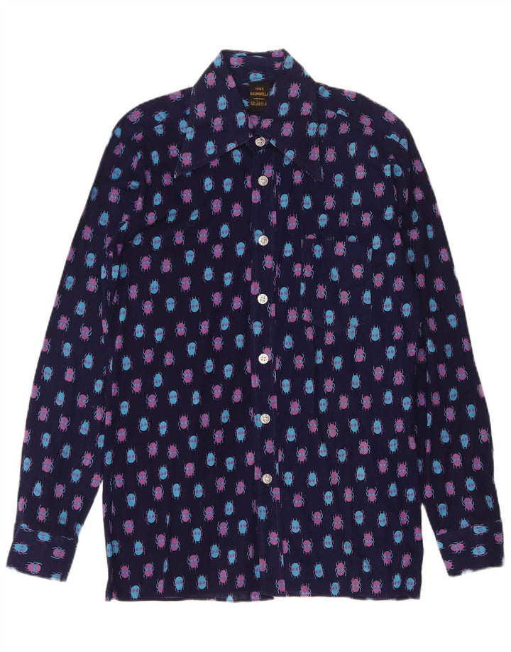 Camicia vintage da uomo con motivo astratto taglia 37 piccola in cotone blu navy