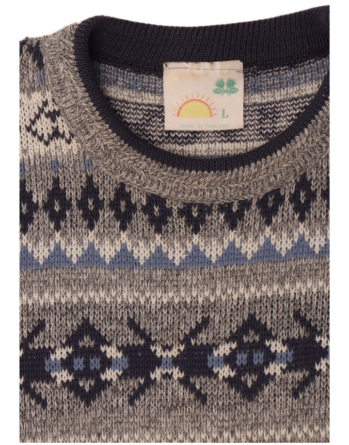 Vintage Mens Crew Neck Jumper Sweater Large Grey Fair Isle