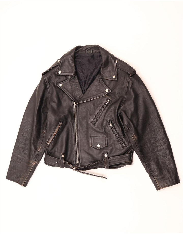 Giacca da motociclista in pelle da uomo vintage UK 36 piccola pelle nera