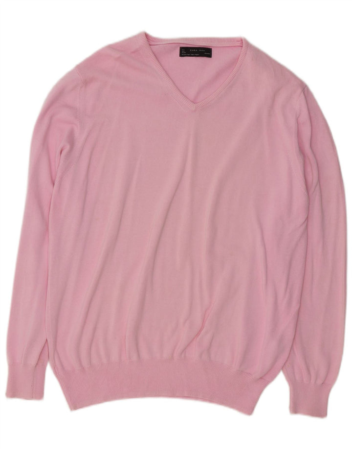 Maglione Zara da uomo con scollo a V grande in cotone rosa