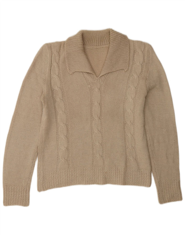 Maglione vintage da donna con collo a polo UK 14 Beige medio