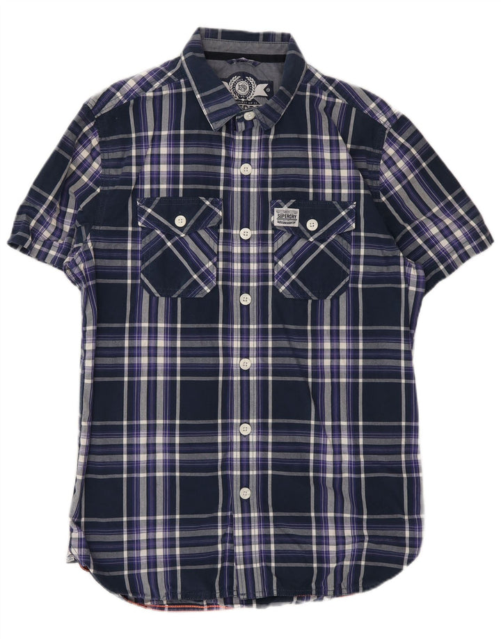 Camicia a maniche corte da uomo Superdry in cotone a quadri blu navy medio