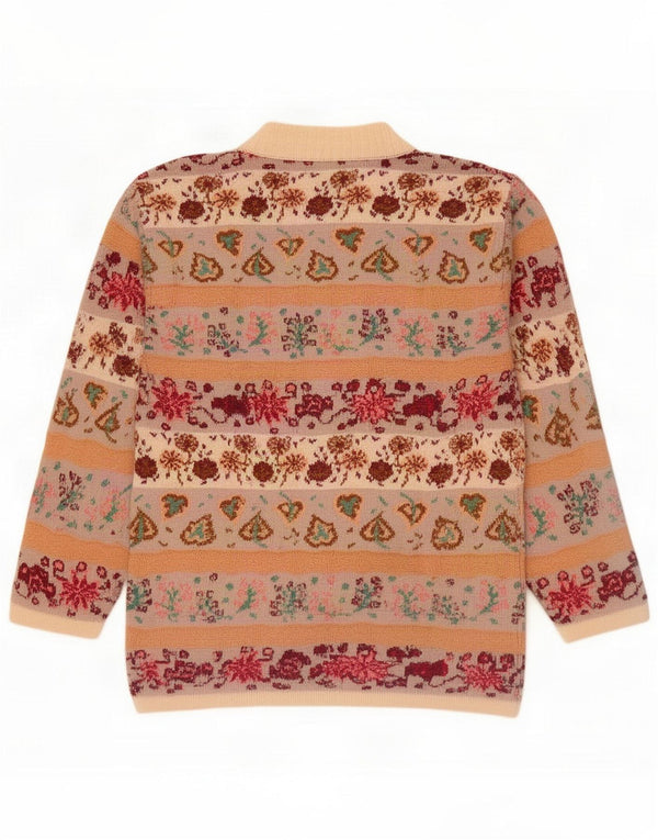 Maglione maglione girocollo da donna vintage UK 16 grande beige floreale acrilico