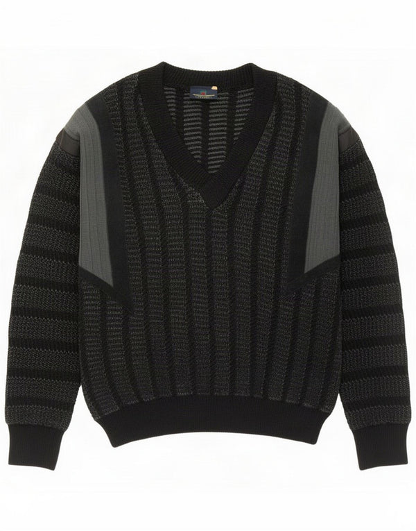Maglione vintage da uomo con scollo a V medio acrilico a righe nere