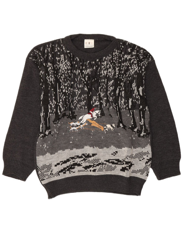 Vintage Mens Graphic Boat Neck Jumper Sweater Large Grey
