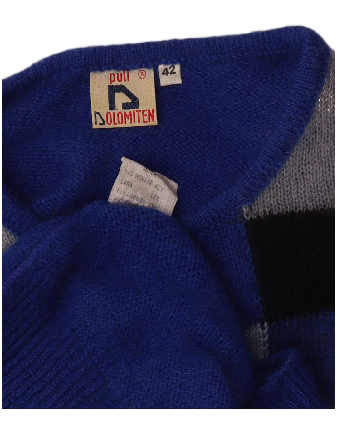 Maglione da donna con scollo a barchetta Dolomiten IT 42 Mohair a quadri blu medio