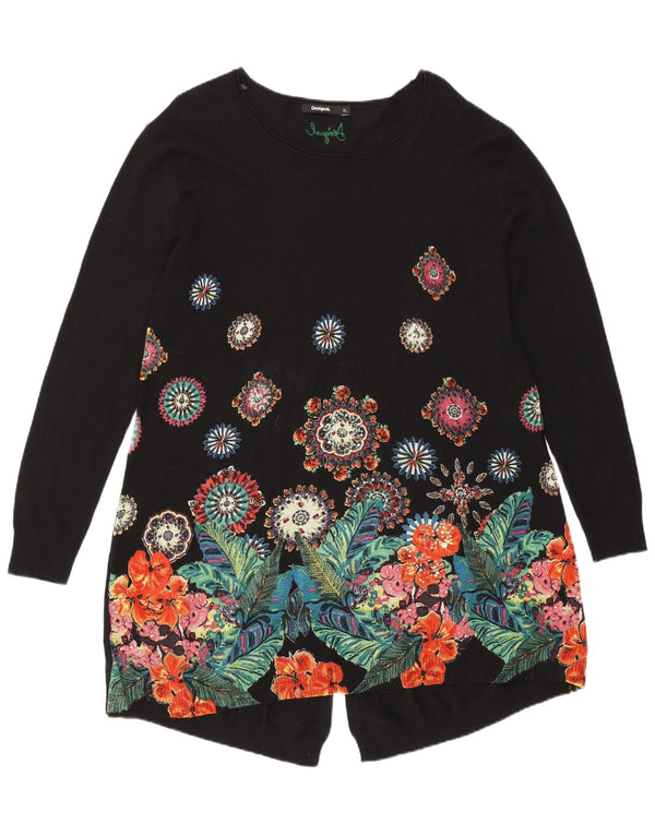 Desigual Donna Maglione con scollo a barca lungo lungo UK 18 XL Nero floreale