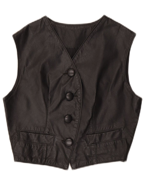 Gilet vintage in pelle corta da donna UK 10 piccolo nero