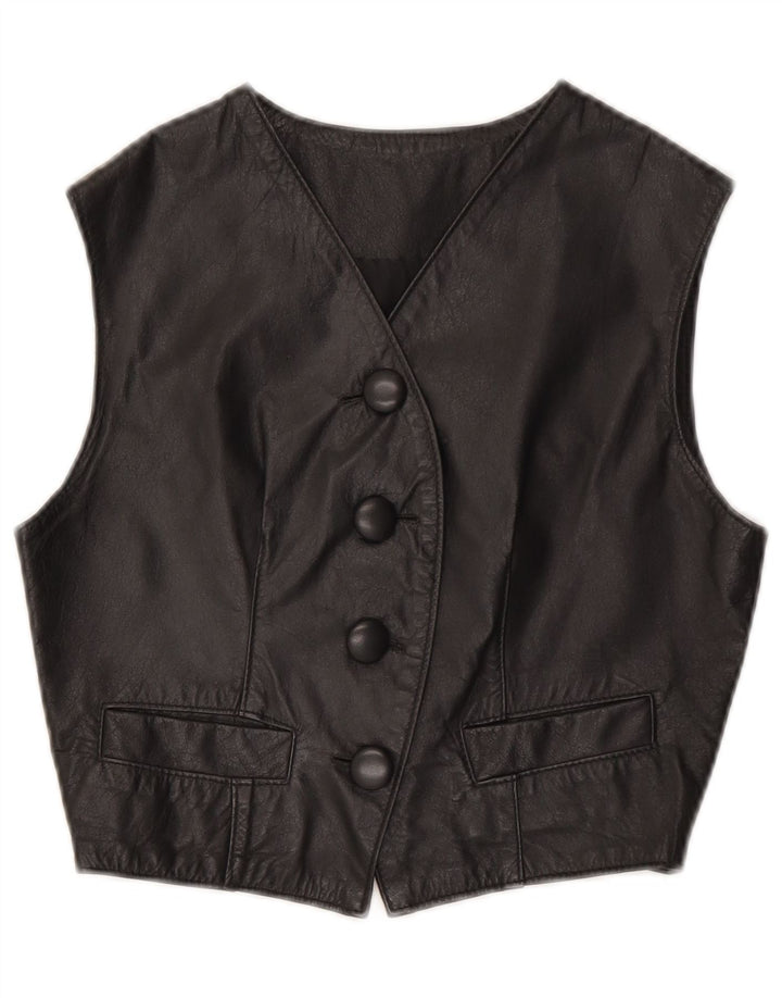 Gilet vintage in pelle corta da donna UK 10 piccolo nero