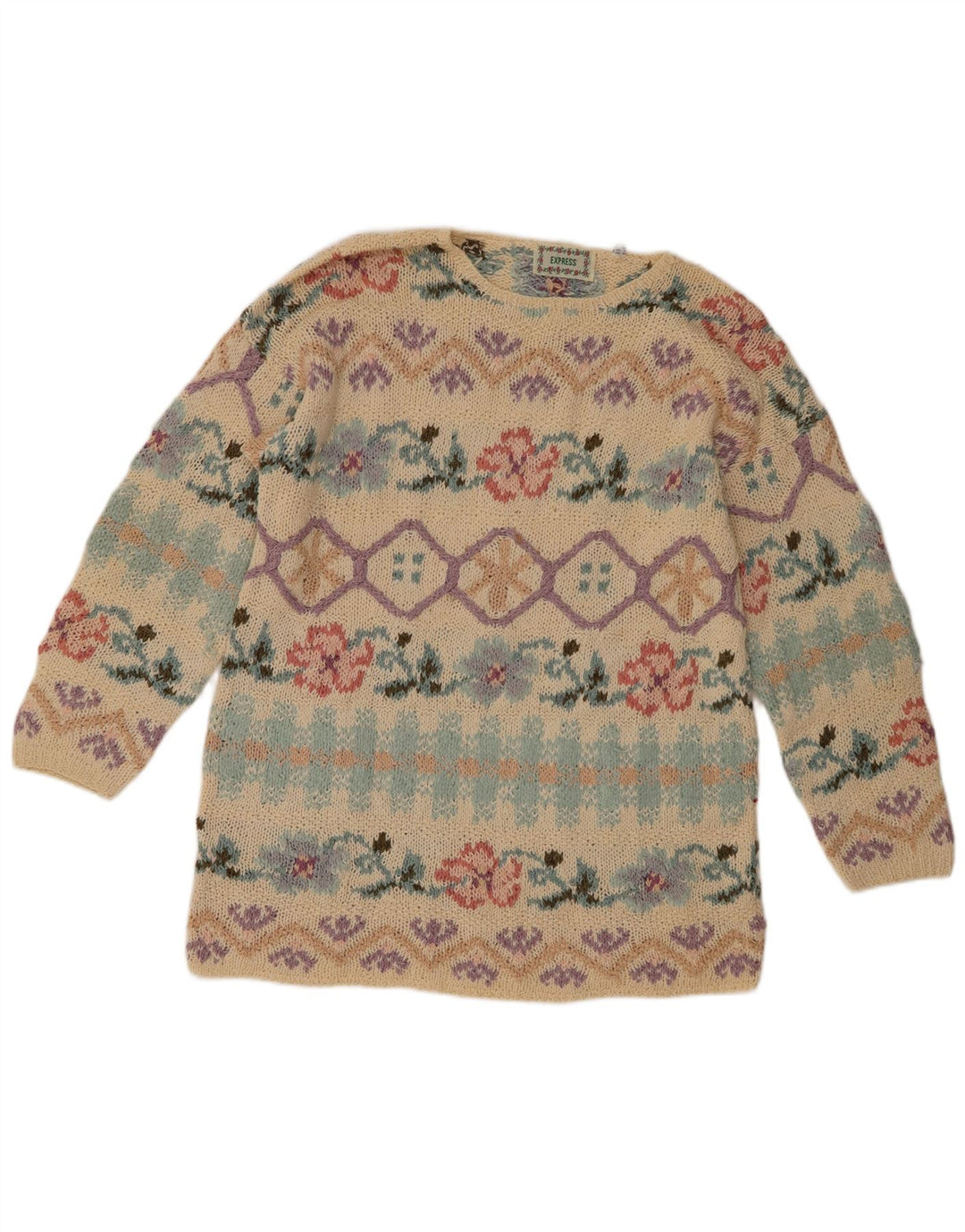 Maglione maglione girocollo da donna Express UK 12 Seta floreale beige medio