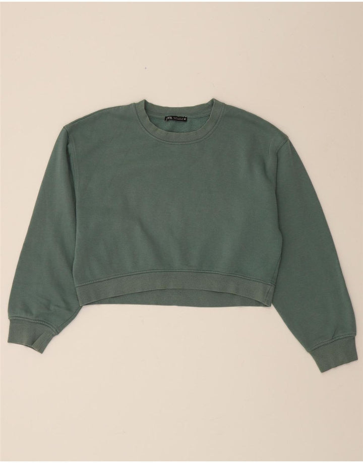 ZARA Womens Crop Sweatshirt Jumper UK 14 Medium Green Cotton Vintage Zara and Second-Hand Zara from Messina Hembry 