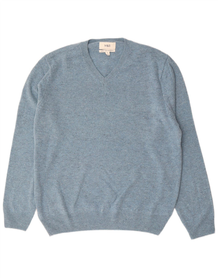 Maglione da uomo Marks & Spencer con scollo a V XL Lana d'agnello screziata blu