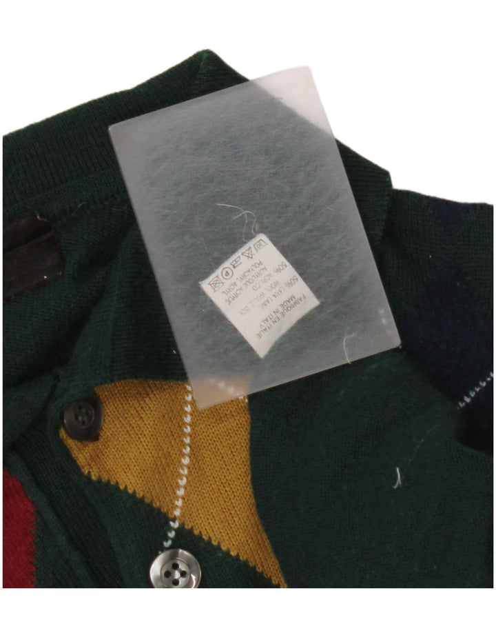 VINTAGE Maglione da uomo con collo alto piccolo verde a rombi/lana diamante