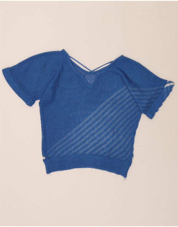 Maglione da donna VINTAGE con scollo a barchetta trasparente UK 14 grande blu