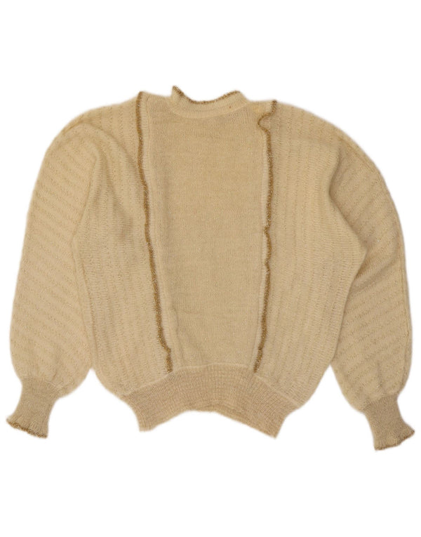 Maglione maglione vintage da donna con collo dolcevita UK 14 grande bianco sporco chiazzato