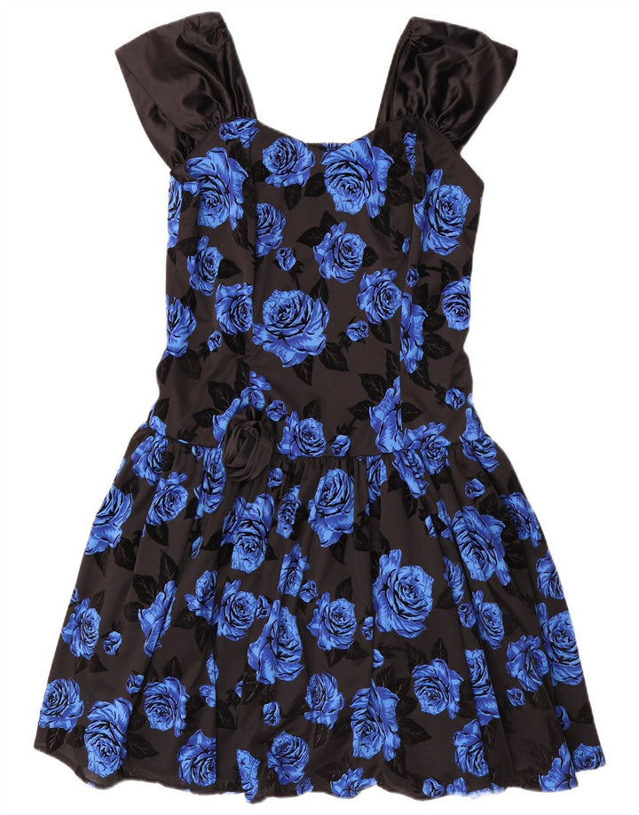 Abito da donna a trapezio senza maniche VINTAGE IT 42 Poliestere floreale blu medio