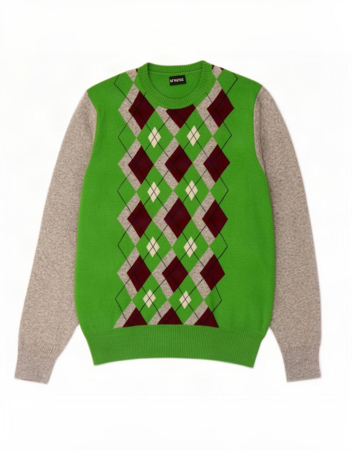 Maglione maglione girocollo da uomo Playlife XL verde a rombi/lana diamante