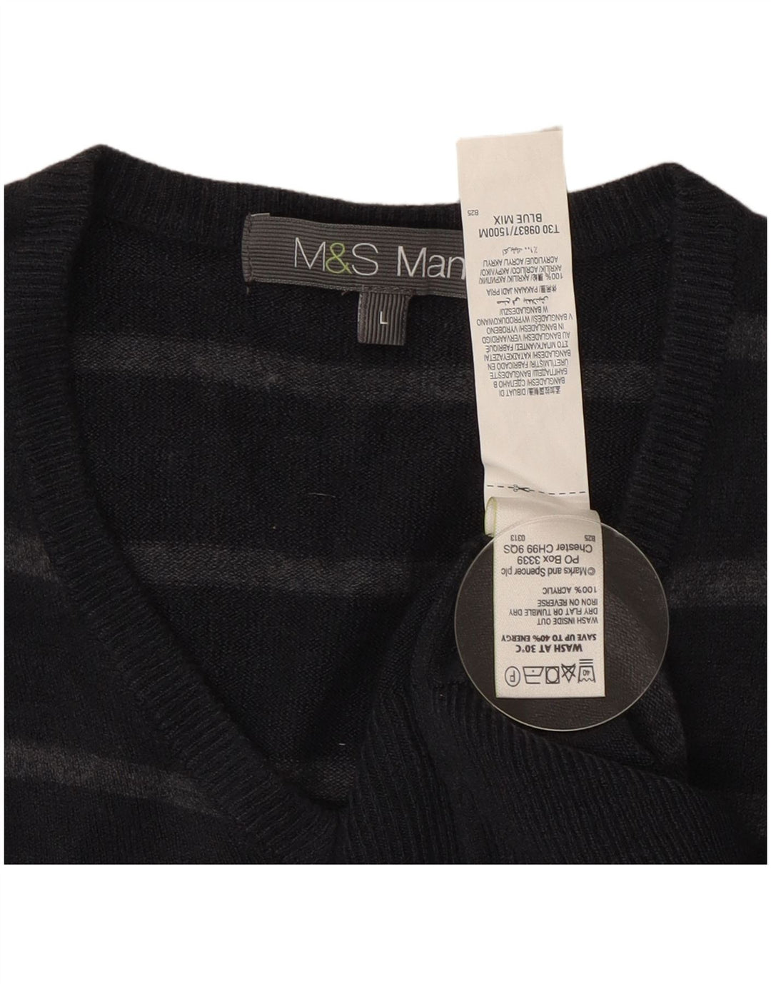 Maglione da uomo con scollo a V Marks & Spencer, grande acrilico a strisce blu navy