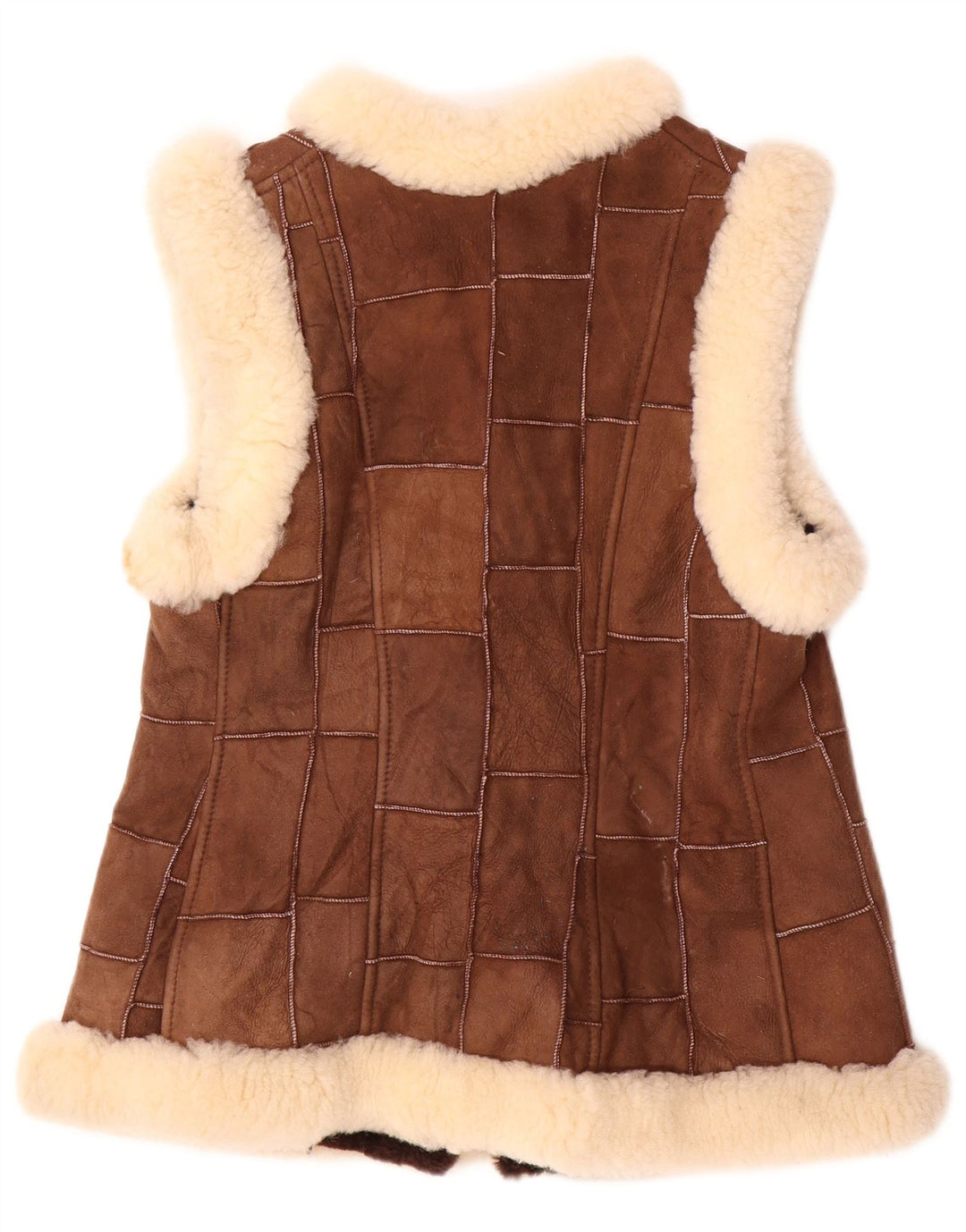 Gilet in shearling da donna VINTAGE EU 36 piccola pelle patchwork marrone