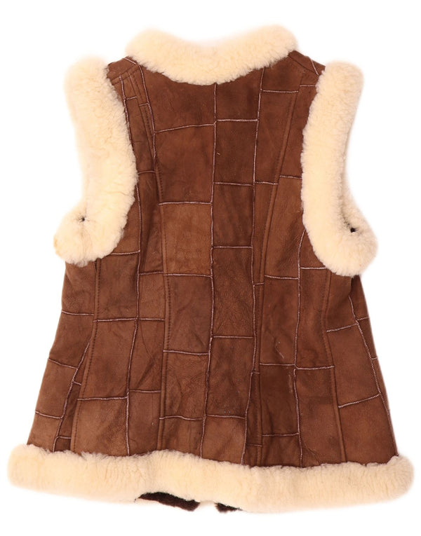 Gilet in shearling da donna VINTAGE EU 36 piccola pelle patchwork marrone