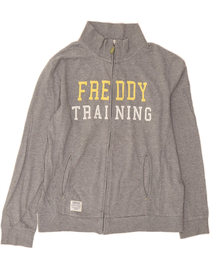 FREDDY Womens Graphic Tracksuit Top Jacket UK 18 XL Grey Cotton Vintage Freddy and Second-Hand Freddy from Messina Hembry 