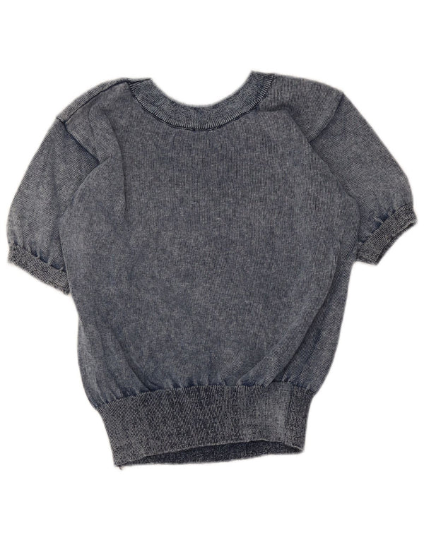 Maglione da donna vintage con scollo a barchetta corto UK 10 piccolo floreale blu