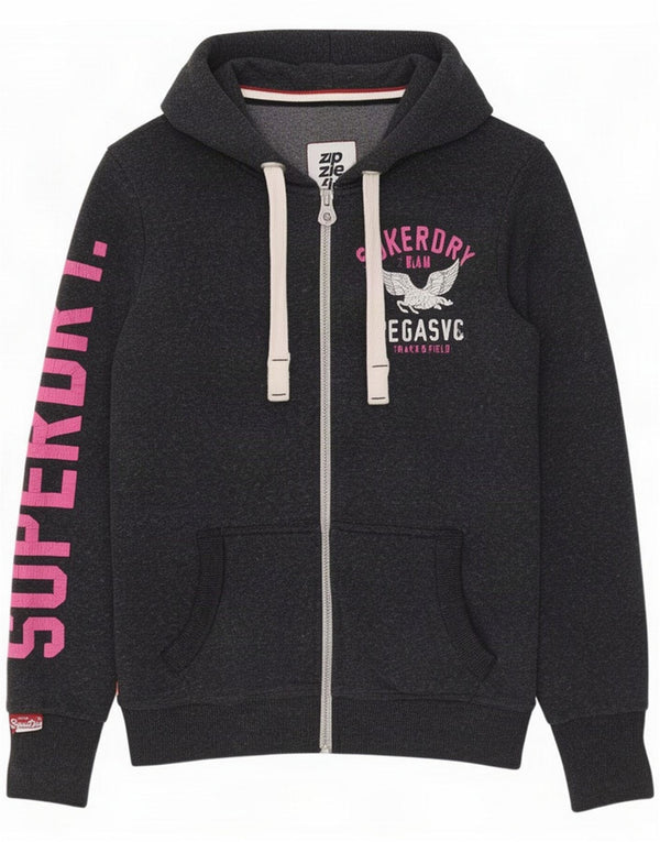 Superdry Womens Graphic Zip Hoodie Sweater UK 14 Medium Grey Polyester