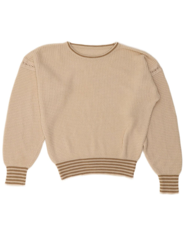 Maglione maglione girocollo corto da donna VINTAGE UK 16 grandi righe bianco sporco