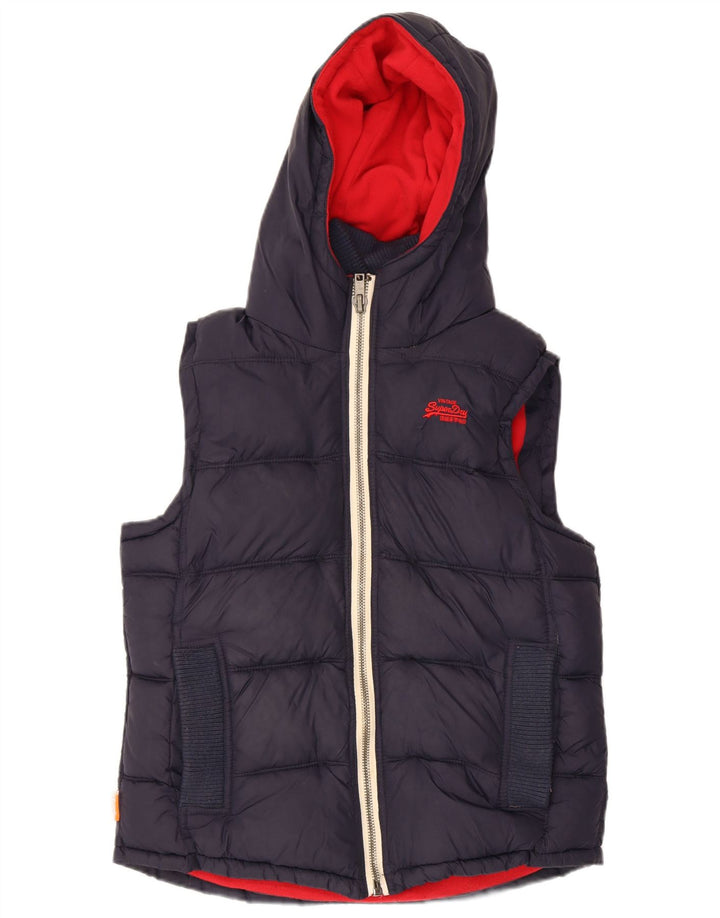 SUPERDRY Womens Hooded Padded Gilet UK 16 Large Navy Blue Polyester