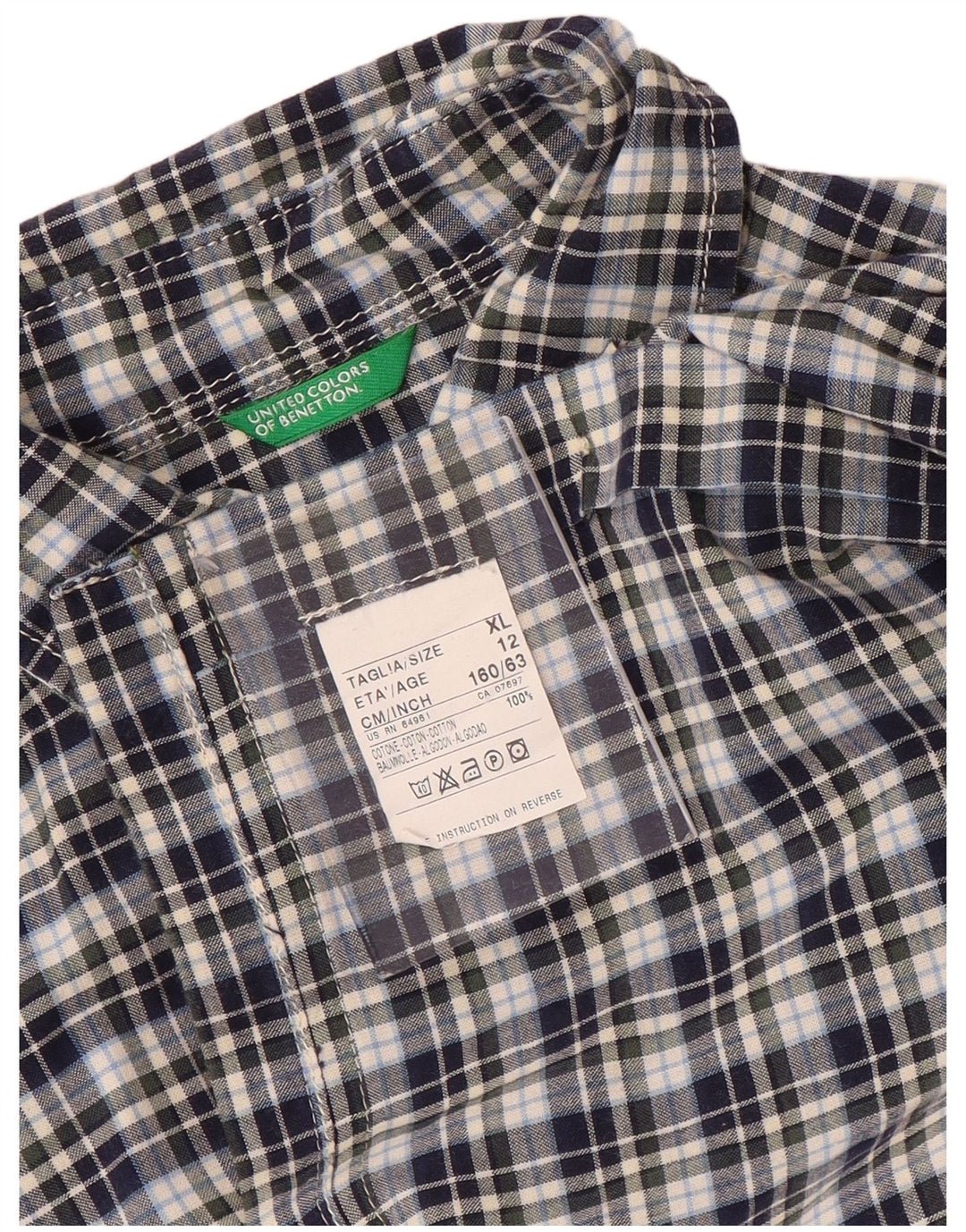 Camicia a maniche corte da bambino BENETTON 11-12 anni XL in cotone a quadri blu navy