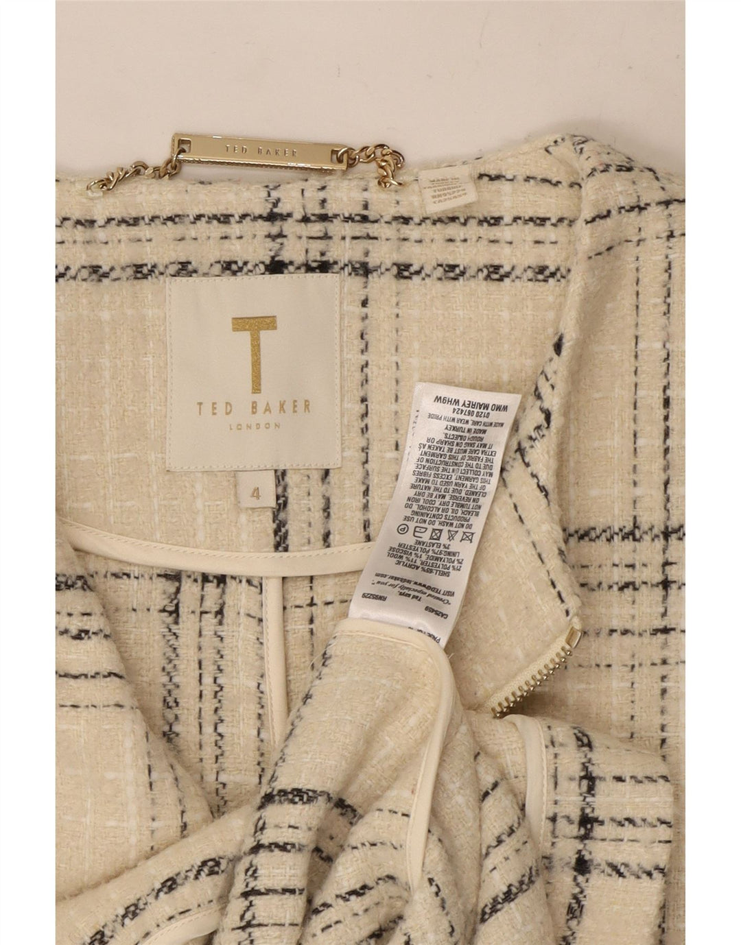 Cappotto da donna Ted Baker taglia 4 grande acrilico a quadri bianco sporco