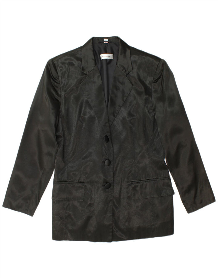Giacca blazer a 3 bottoni da donna VINTAGE UK 12 viscosa nera media