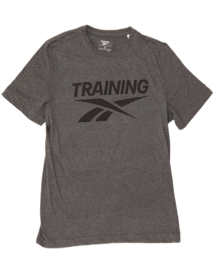 T-shirt grafica Reebok da uomo con vestibilità regolare, top grande in poliestere chiazzato grigio