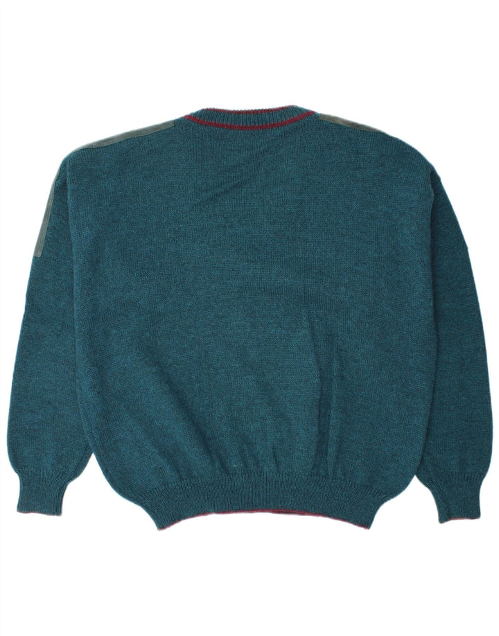 Maglione vintage da uomo con scollo a V, grande, in lana color block blu