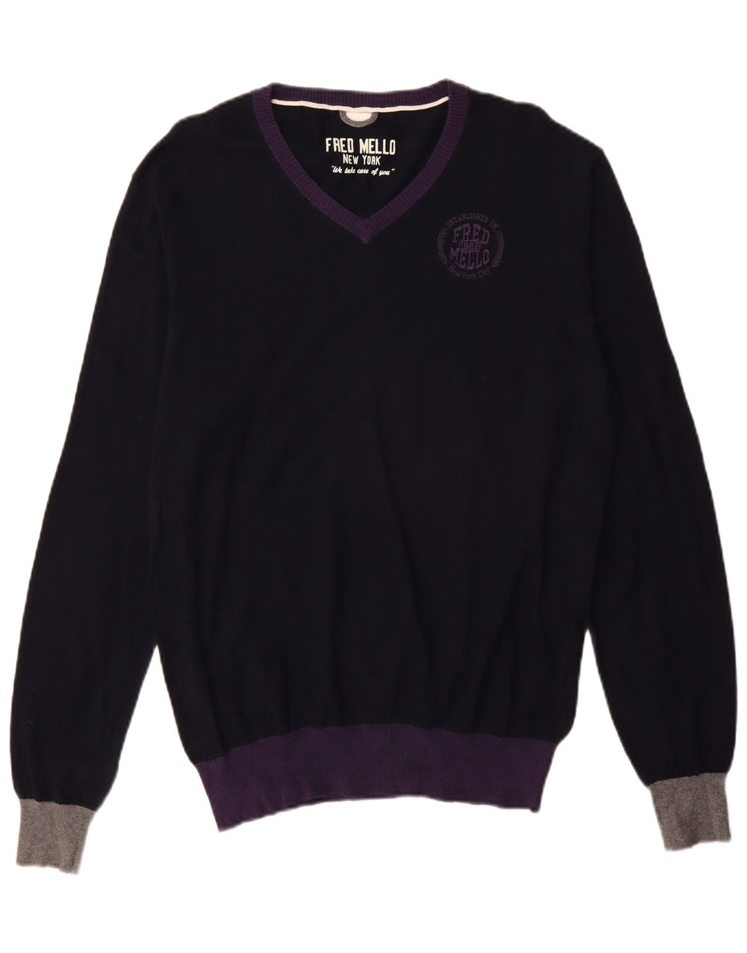 Fred Mello Maglione da uomo con scollo a V, grande, in cotone color block blu navy