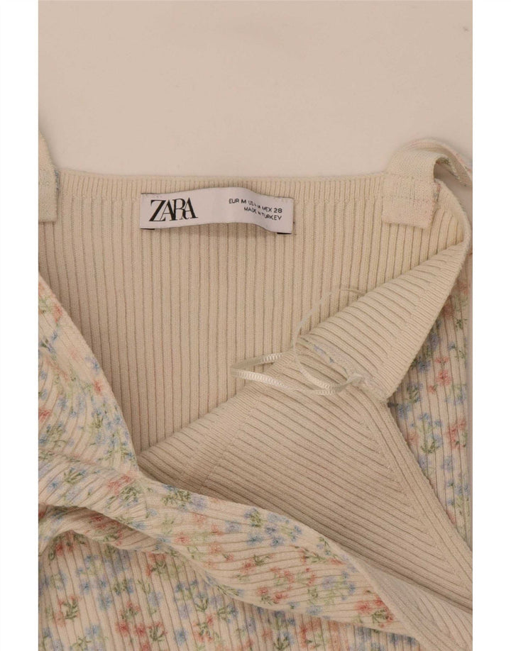 Canotta corta da donna Zara UK 12 poliammide floreale bianco sporco medio