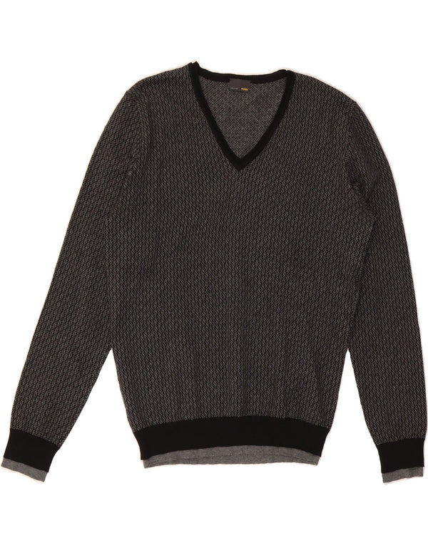 FENDI Mens V-Neck Jumper Sweater Medium Grey Geometric Merino Wool