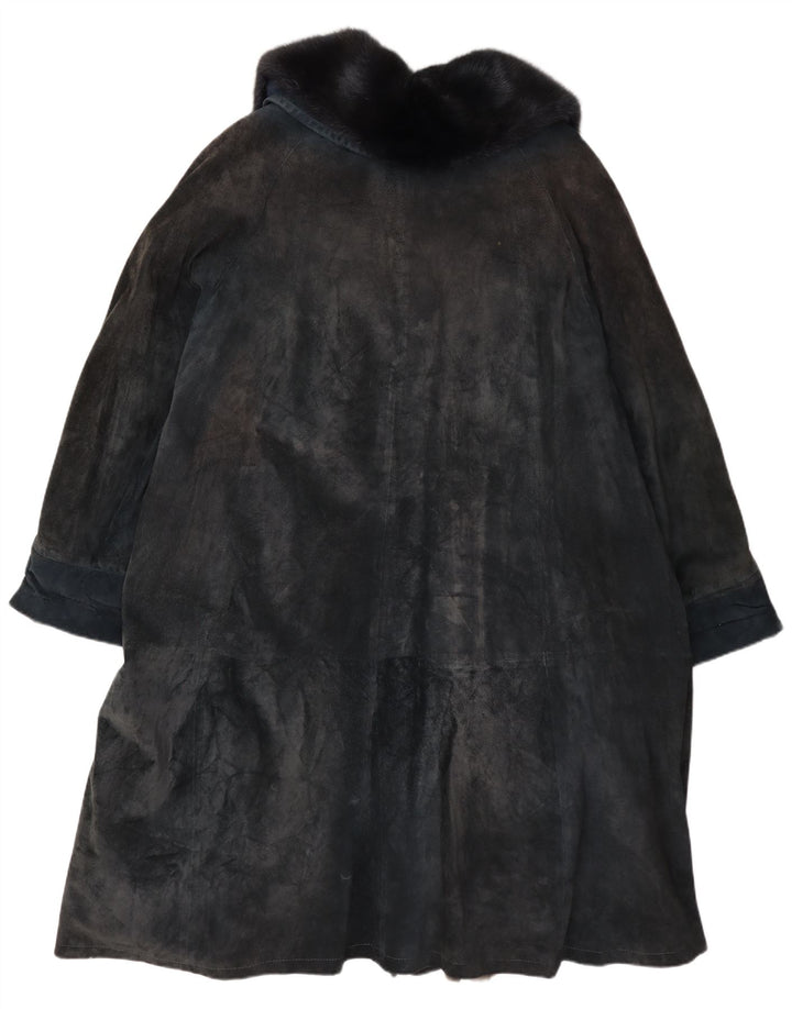 Soprabito vintage da donna in pelle scamosciata UK 14 grande blu navy