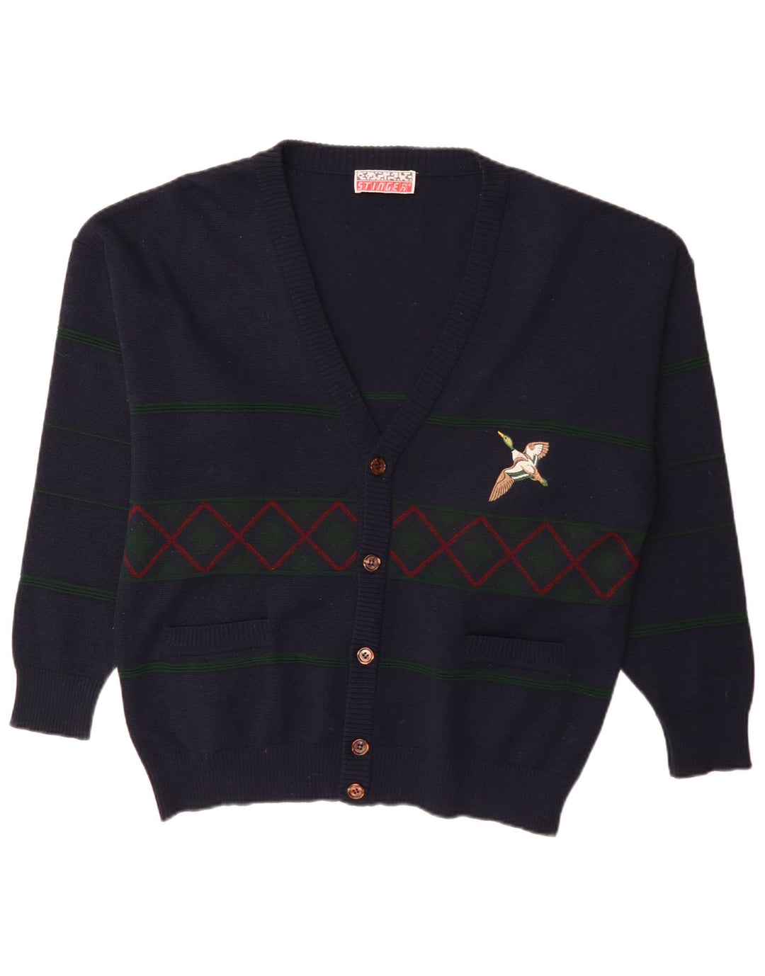 Maglione cardigan da uomo vintage XL blu navy a rombi/diamante
