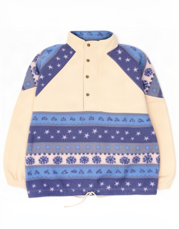 Maglione vintage da uomo in pile con collo a bottoni, grande, bianco sporco, poliestere Fair Isle