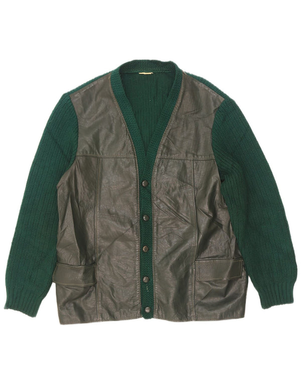 Maglione cardigan in pelle da uomo vintage EU 50 verde medio