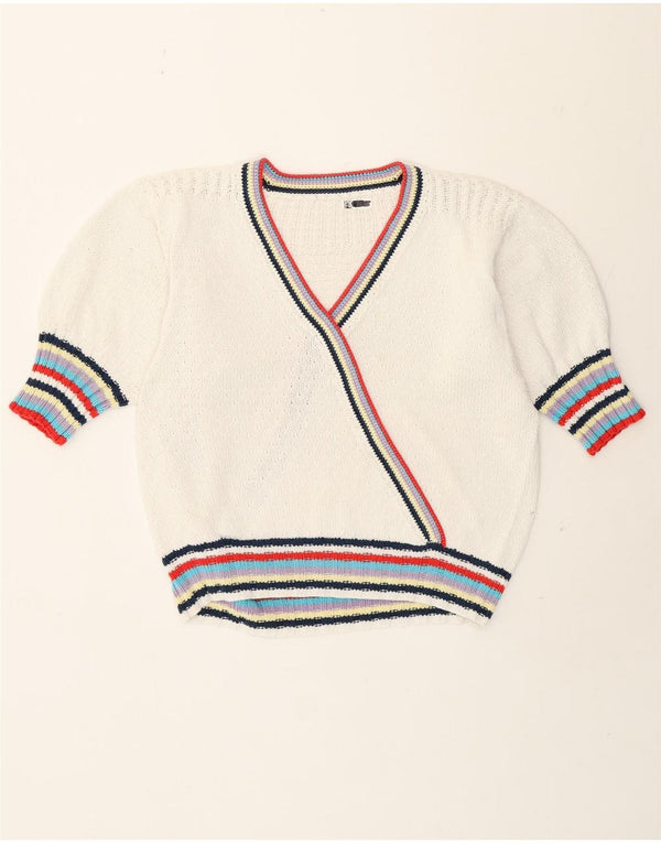 Maglione vintage da donna con scollo a V UK 14 Large White Striped Retro