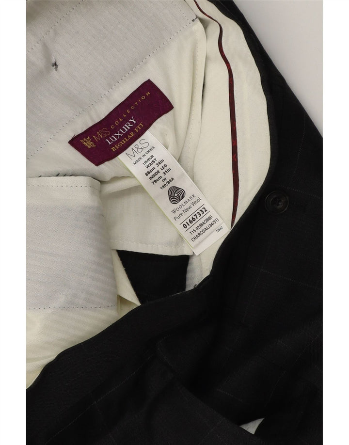 MARKS & SPENCER Pantaloni da abito vestibilità regolare da uomo W34 L31 Lana a quadri grigi