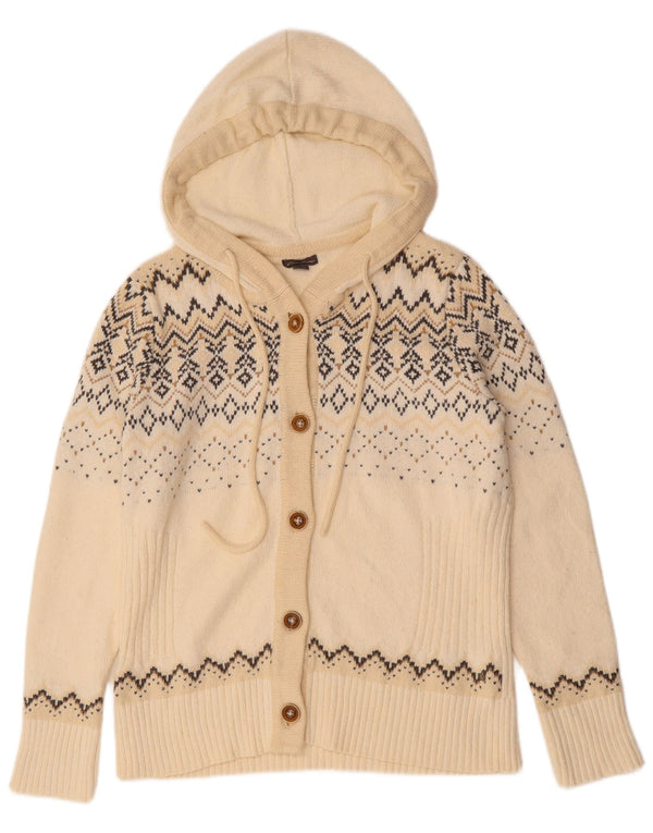 EDDIE BAUER Maglione cardigan con cappuccio da donna UK 18 XL Off White Fair Isle